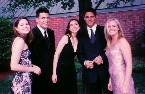 candid0094.jpg - Terri with Kristina Sisco, Aiden Turner, Eden Riegel, and Sam Page at the 12th Annual Satins, Silks & Stars Weekend Benefiting Special Olympics New York in July 2002